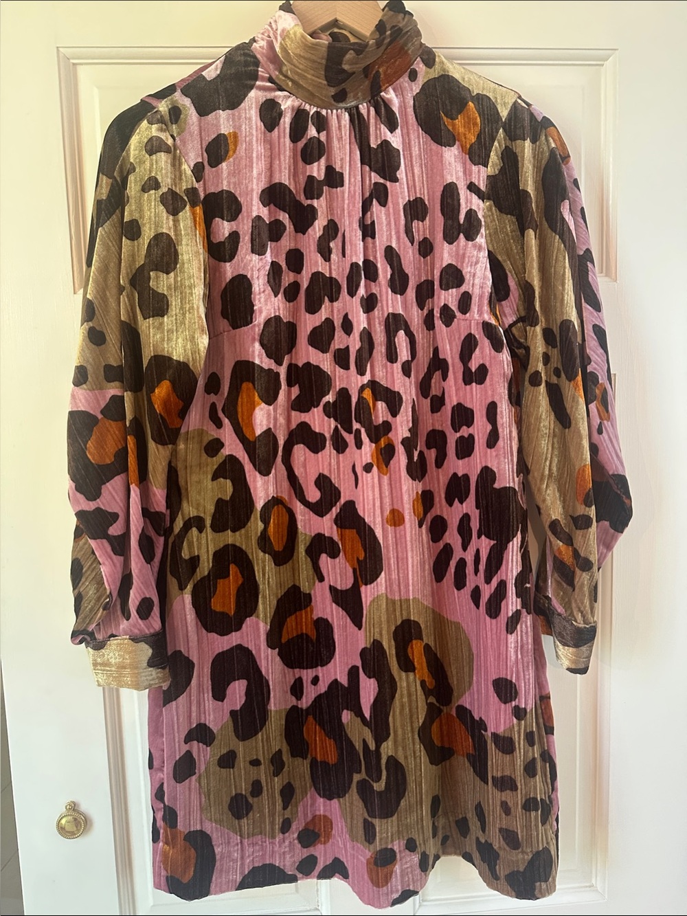 Anthropologie light velvet shimmer Pink & Gold Leopard-Print Mini Dress